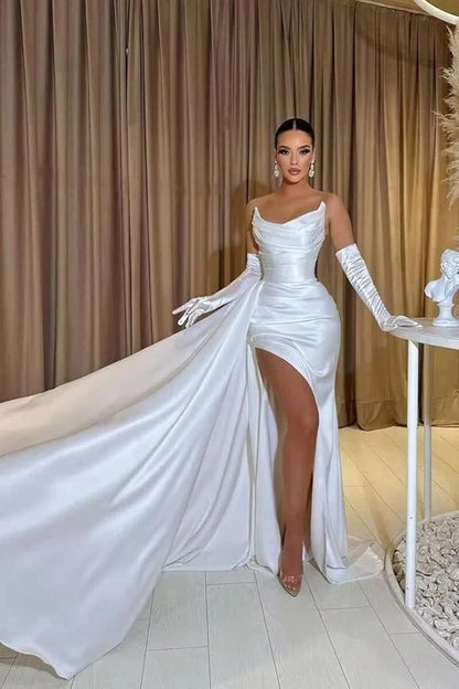 Strapless White Prom Dress UK Mermaid Evening Gown With Split