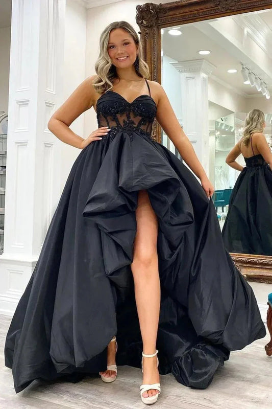 Straps Black Hi-Low Wedding Dress Lace Appliques Satin Prom Dress