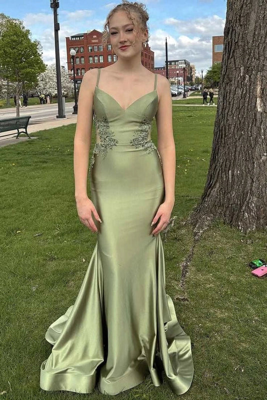 Straps Sage Green Long Senior Prom Dress UK Mermaid Backless
