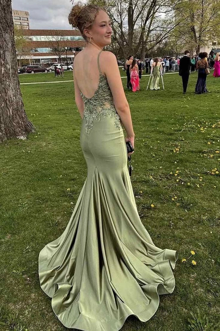 Straps Sage Green Long Senior Prom Dress UK Mermaid Backless