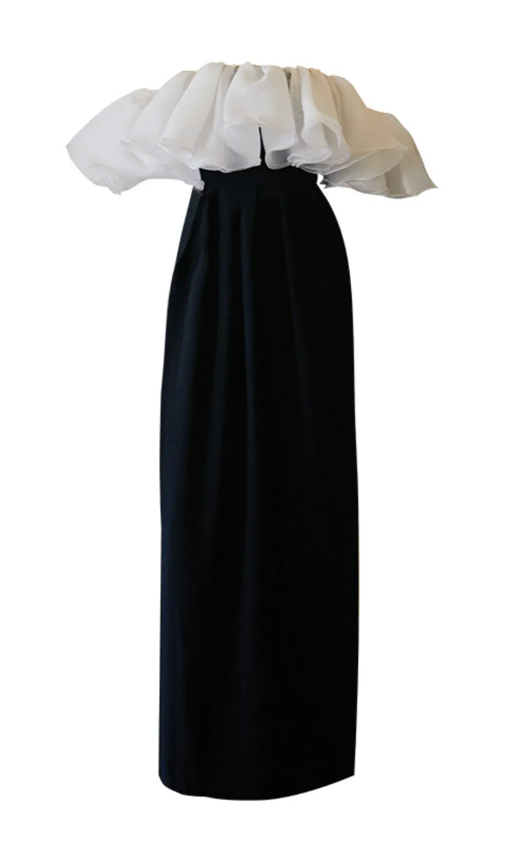 Striking A-Line Off-Shoulder Ruffled Organza Black and White Floor Length Prom Dress