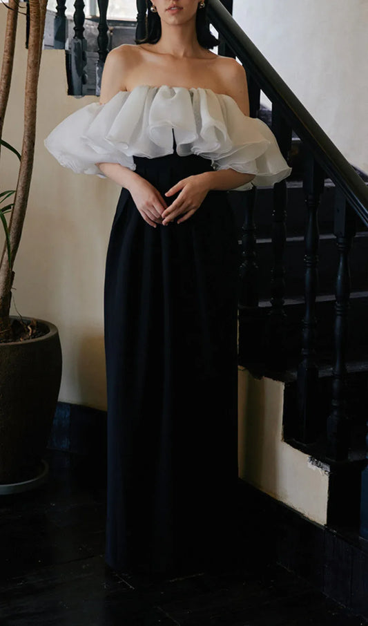 Striking A-Line Off-Shoulder Ruffled Organza Black and White Floor Length Prom Dress