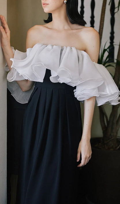 Striking A-Line Off-Shoulder Ruffled Organza Black and White Floor Length Prom Dress
