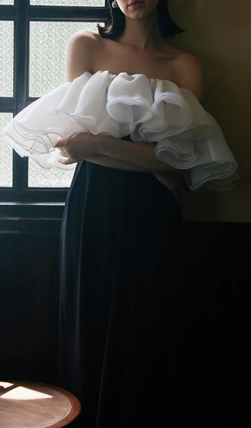 Striking A-Line Off-Shoulder Ruffled Organza Black and White Floor Length Prom Dress