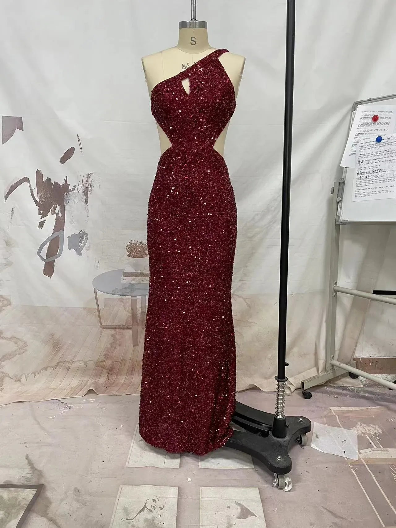 Striking Mermaid Halter Cutout Backless Sequins Red Floor-Length Evening Dress
