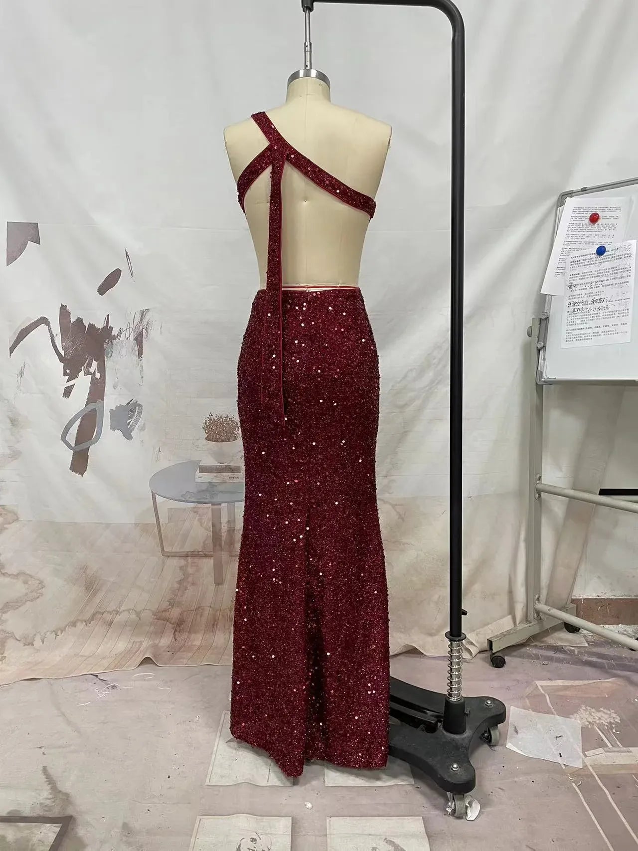 Striking Mermaid Halter Cutout Backless Sequins Red Floor-Length Evening Dress