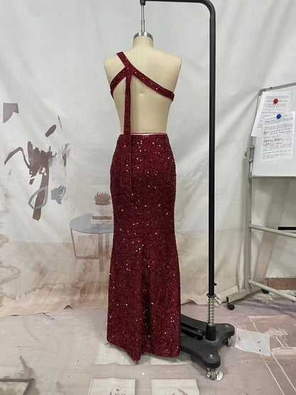 Striking Mermaid Halter Cutout Backless Sequins Red Floor-Length Evening Dress