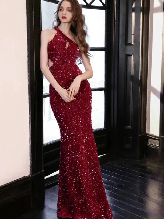 Glamorous Mermaid Halter Cutout Sequin Red Floor-Length Evening Gown