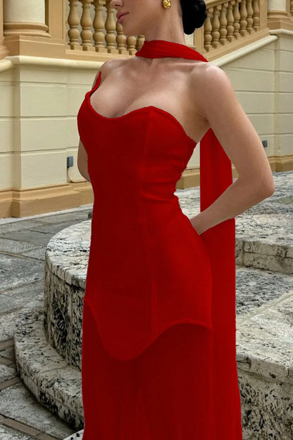 Striking Mermaid Strapless Open-Back Mesh Red Floor-Length Prom Dress With Scarf
