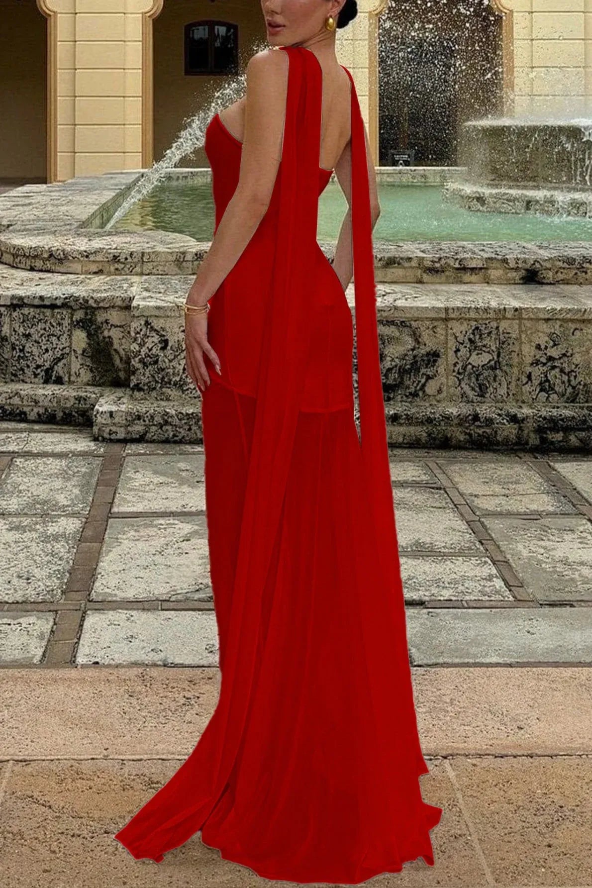 Striking Mermaid Strapless Open-Back Mesh Red Floor-Length Prom Dress With Scarf