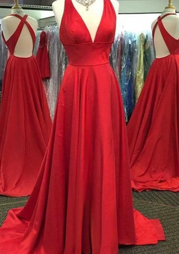 Striking Satin Long Evening Dress Red V Neck Sleeveless Party Gown for Women