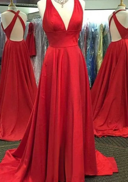 Striking Satin Long Evening Dress Red V Neck Sleeveless Party Gown for Women