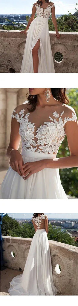 Stunning A-Line Illusion Neck Cap Sleeve Sheer Back Floor Length Wedding Dress