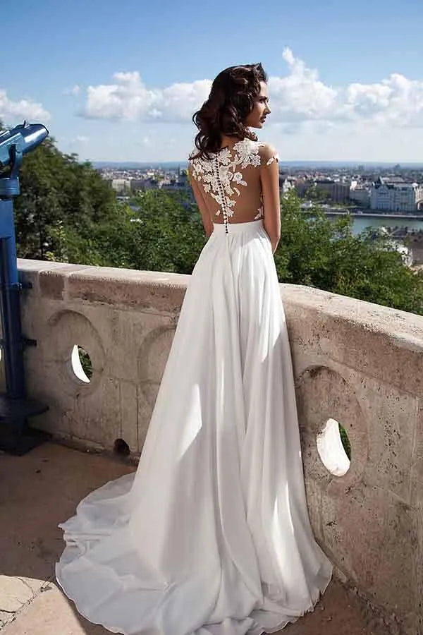 Stunning A-Line Illusion Neck Cap Sleeve Sheer Back Floor Length Wedding Dress