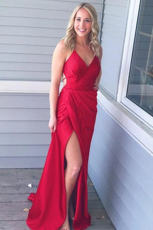 Stunning A-Line V Neck Spaghetti Strap Low Open Back Floor Length High Slit Prom Dress