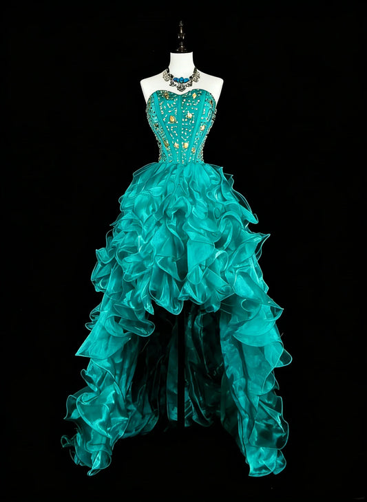 Stunning High-Low Mermaid Strapless Sleeveless Lace-Up Back Turquoise Prom Evening Dress