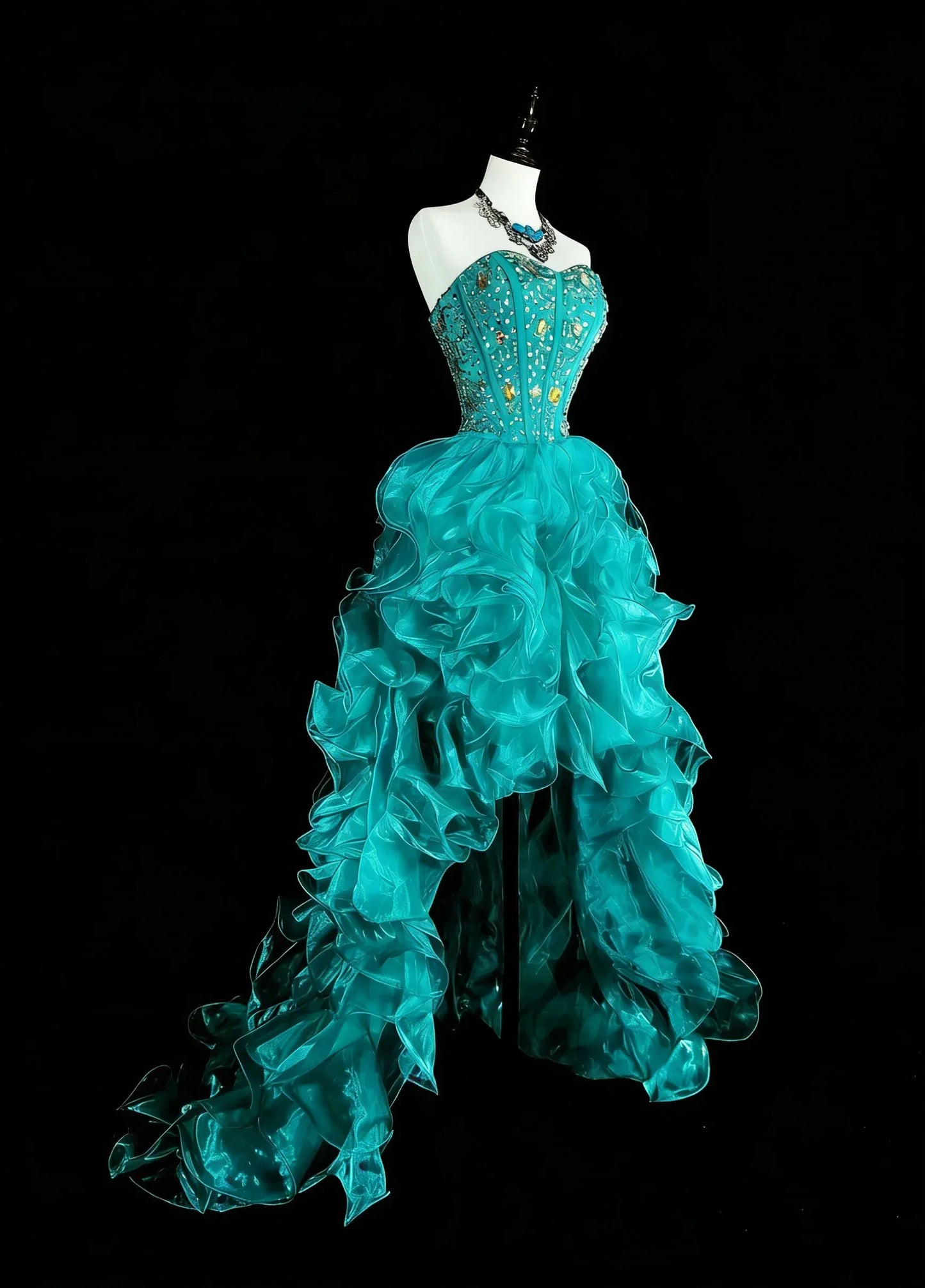 Stunning High-Low Mermaid Strapless Sleeveless Lace-Up Back Turquoise Prom Evening Dress
