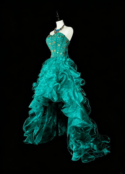 Stunning High-Low Mermaid Strapless Sleeveless Lace-Up Back Turquoise Prom Evening Dress