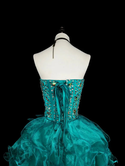 Stunning High-Low Mermaid Strapless Sleeveless Lace-Up Back Turquoise Prom Evening Dress
