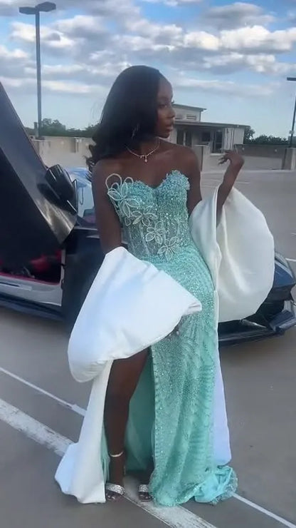 Stunning Mermaid Strapless Sleeveless Lace-Up Back High Slit Floor-Length Prom Dress