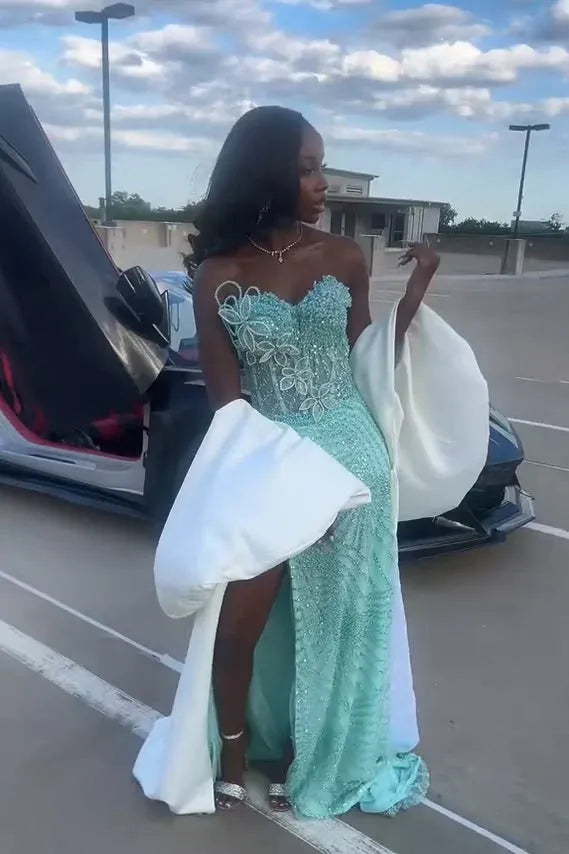 Stunning Mermaid Strapless Sleeveless Lace-Up Back High Slit Floor-Length Prom Dress