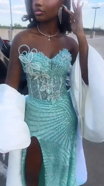 Stunning Mermaid Strapless Sleeveless Lace-Up Back High Slit Floor-Length Prom Dress