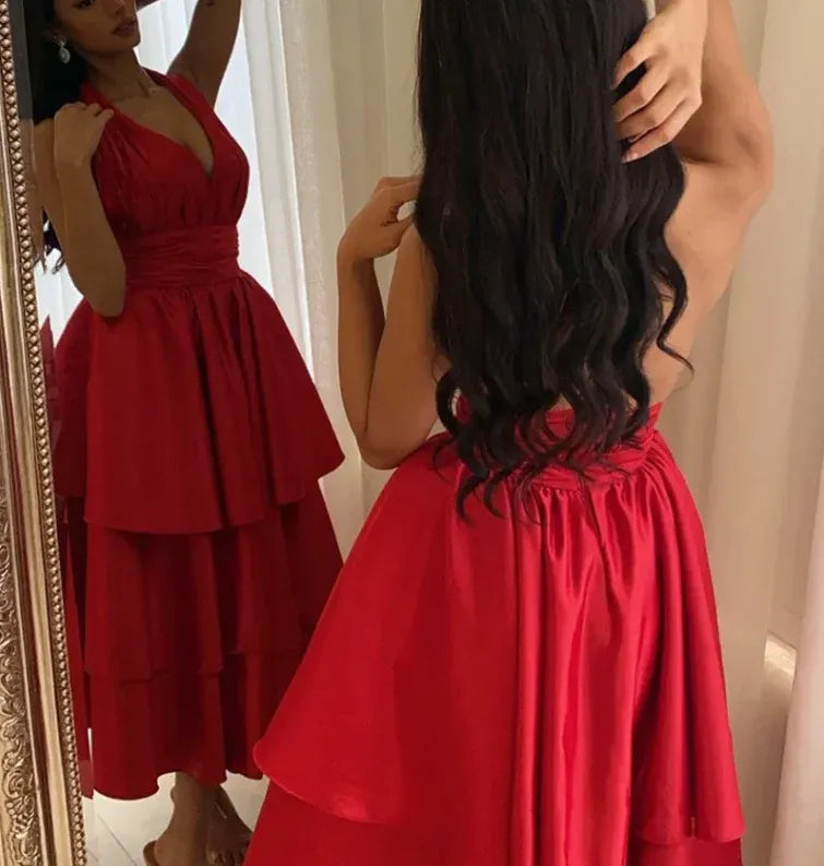 Stunning A-Line Halter-Neck Sleeveless Tiered Satin Red Midi Evening Dress for Women