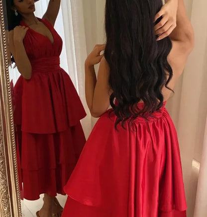 Stunning A-Line Halter-Neck Sleeveless Tiered Satin Red Midi Evening Dress for Women