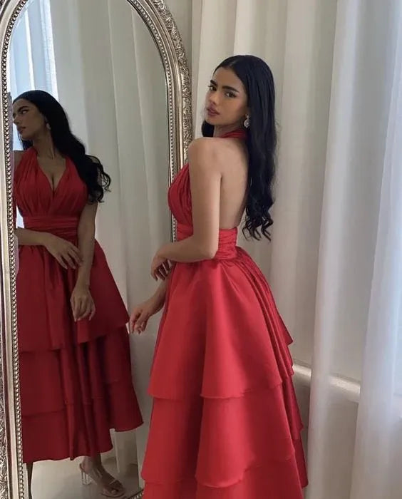Stunning A-Line Halter-Neck Sleeveless Tiered Satin Red Midi Evening Dress for Women