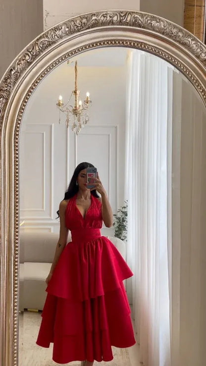 Stunning A-Line Halter-Neck Sleeveless Tiered Satin Red Midi Evening Dress for Women