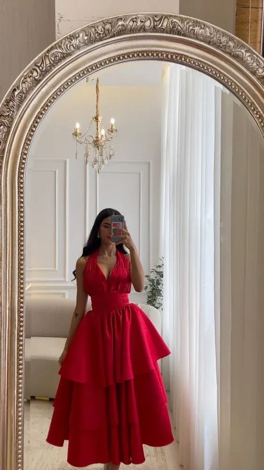 Stunning A-Line Halter-Neck Sleeveless Tiered Satin Red Midi Evening Dress for Women