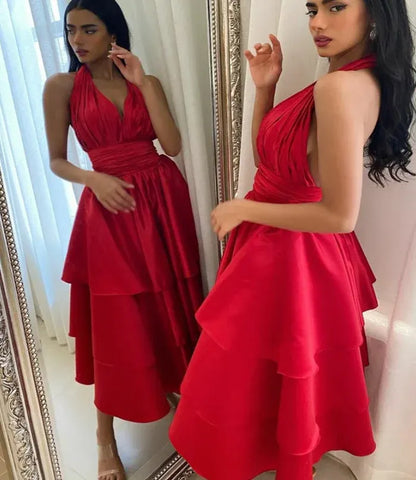 Stunning A-Line Halter-Neck Sleeveless Tiered Satin Red Midi Evening Dress for Women
