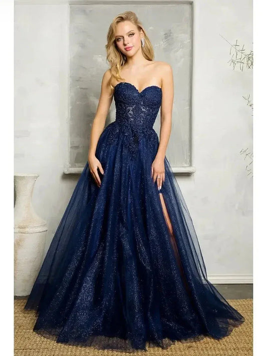 Stunning A-line Sweetheart Applique Lace Glitter Navy Floor-Length Prom Dress With Slit