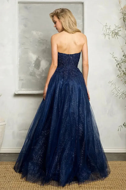 Elegant Navy A-line Sweetheart Floor-Length Prom Dress with Lace and Slit