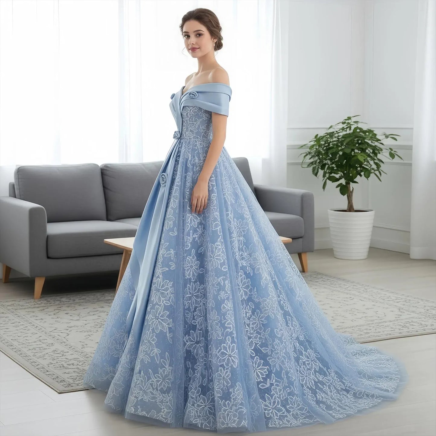 Elegant Ball-Gown Off-Shoulder 3D Floral Blue Floor-Length Prom Dress for Women