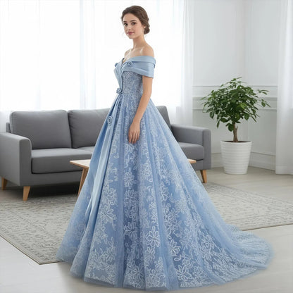 Elegant Ball-Gown Off-Shoulder 3D Floral Blue Floor-Length Prom Dress for Women