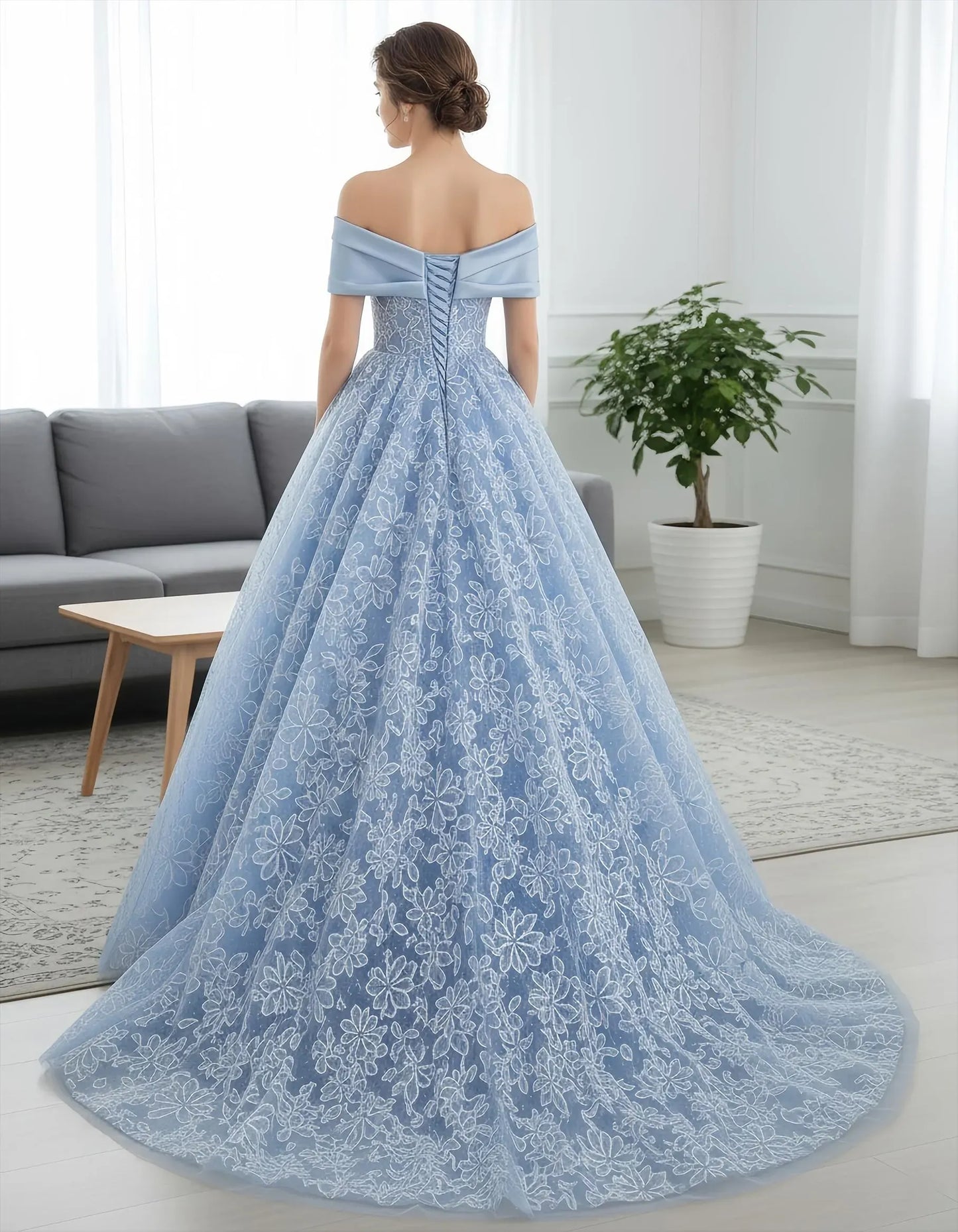 Elegant Ball-Gown Off-Shoulder 3D Floral Blue Floor-Length Prom Dress for Women