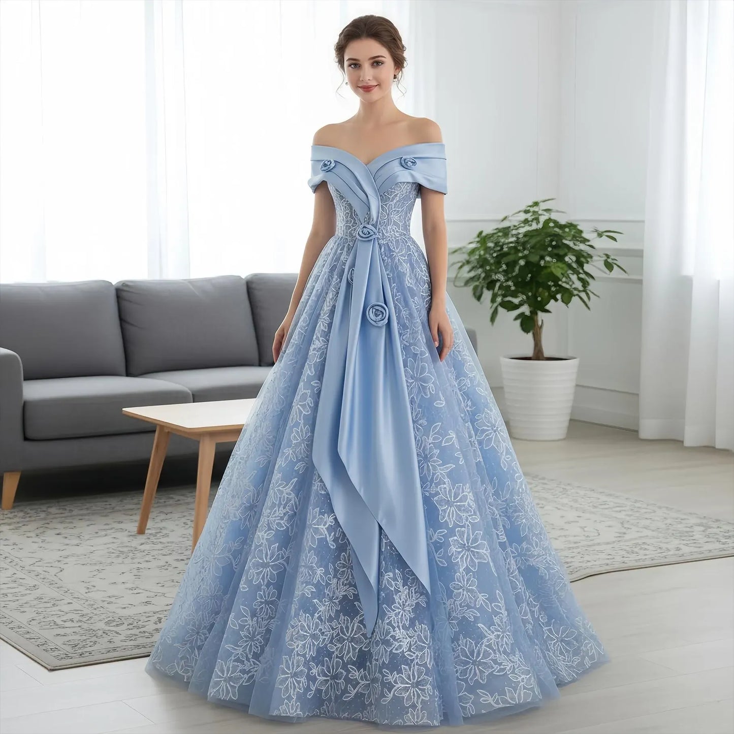 Elegant Ball-Gown Off-Shoulder 3D Floral Blue Floor-Length Prom Dress for Women