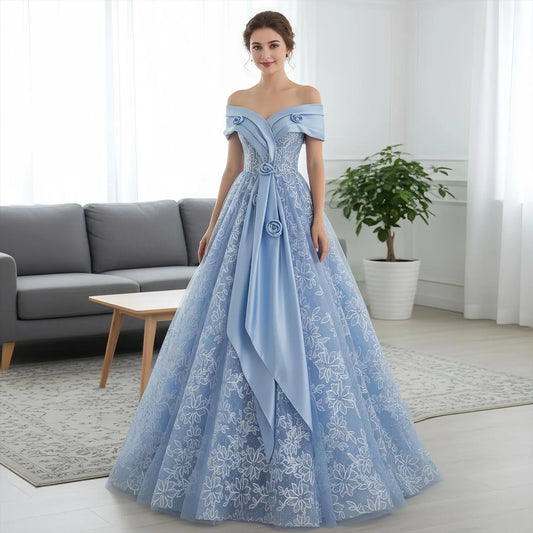 Stunning Ball-Gown Off-Shoulder 3D Flowers Blue Floor-Length Prom Dress For Ladies