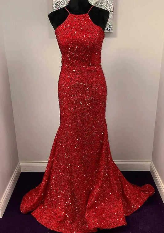 Stunning Mermaid Halter Sleeveless Sequin Red Floor-Length Evening Dress For Women