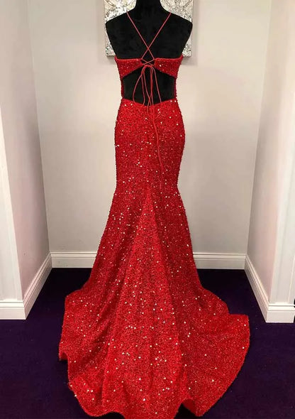 Stunning Mermaid Halter Sleeveless Sequin Red Floor-Length Evening Dress For Women