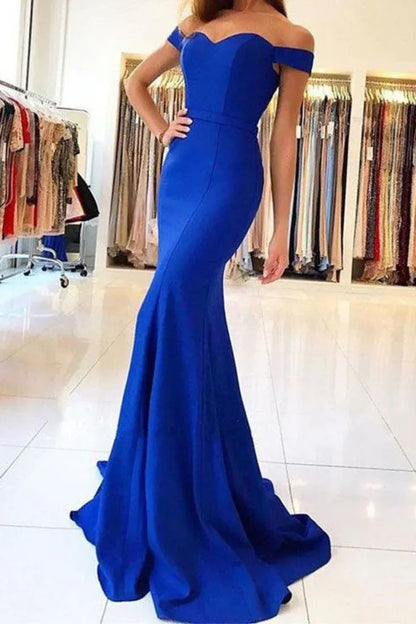 Stunning Mermaid Off-Shoulder Sleeveless Solid Royal Blue Maxi Prom Dress for Women Ready to Ship