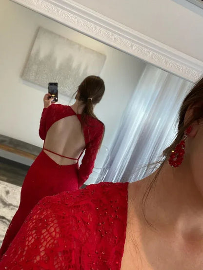 Elegant Mermaid Sweetheart Long-Sleeve Beaded Red Lace Floor-Length Prom Dress for Women