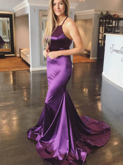 Stunning Purple Satin Prom Dress with Lace-Up Back