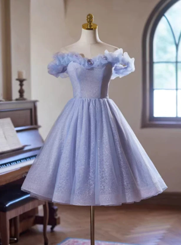 Stunning A-Line Off-Shoulder Floral Glitter Lavender Short Homecoming Dress