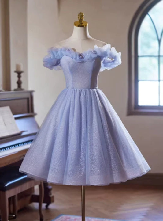 Stunning A-Line Off-Shoulder Floral Glitter Lavender Short Homecoming Dress