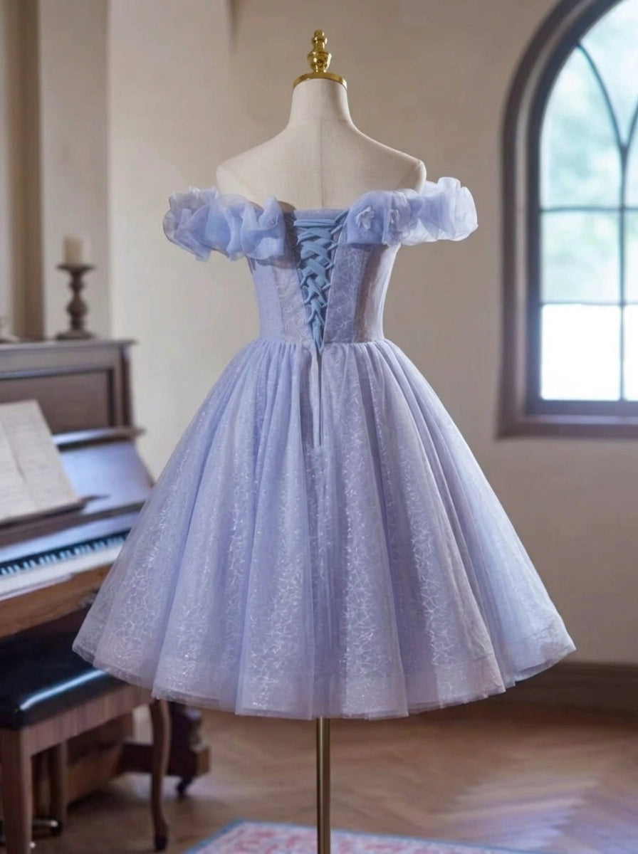 Stunning A-Line Off-Shoulder Floral Glitter Lavender Short Homecoming Dress