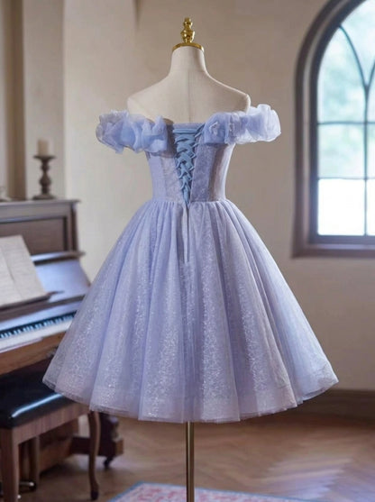 Stunning A-Line Off-Shoulder Floral Glitter Lavender Short Homecoming Dress