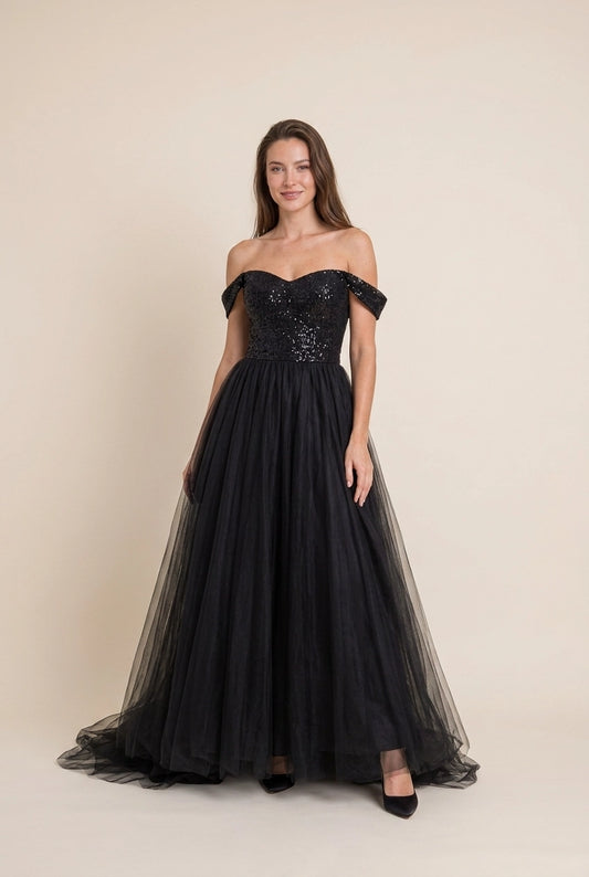 Stunning A-Line Off-Shoulder Tulle Sequin Black Floor-Length Prom Dress