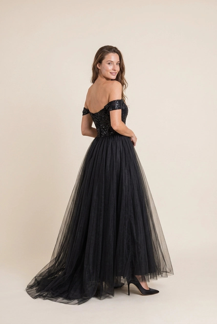 Stunning A-Line Off-Shoulder Tulle Sequin Black Floor-Length Prom Dress